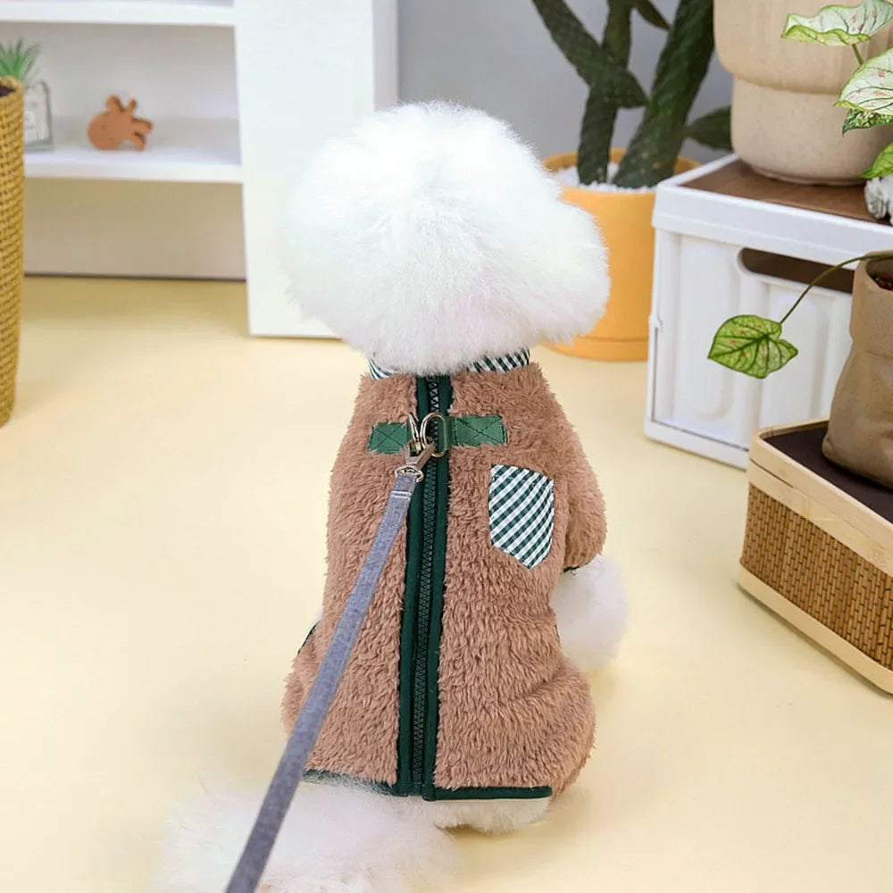 Dog Jumpsuit Coat Winter Warm Plush Pet Clothes for Small Dogs Puppy Pajamas with Double D Rings Chihuahua Costume Yorkie Onesie