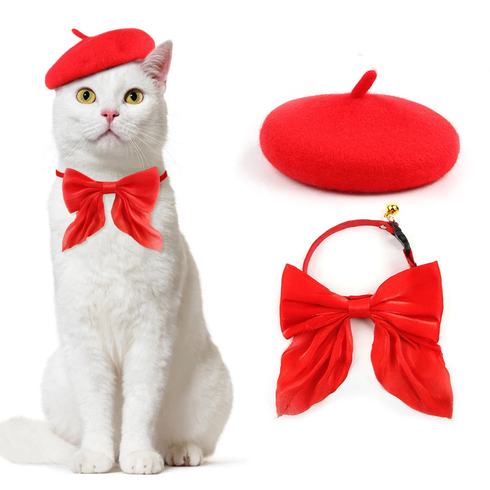 2pcs Pet Hat & Scarf Set, Wool Beret Cap And Adjustable Bowknot Collar Suitable For Cats And Small Dogs