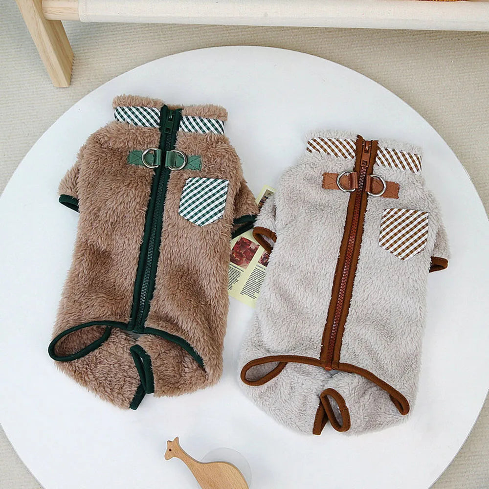 Dog Jumpsuit Coat Winter Warm Plush Pet Clothes for Small Dogs Puppy Pajamas with Double D Rings Chihuahua Costume Yorkie Onesie