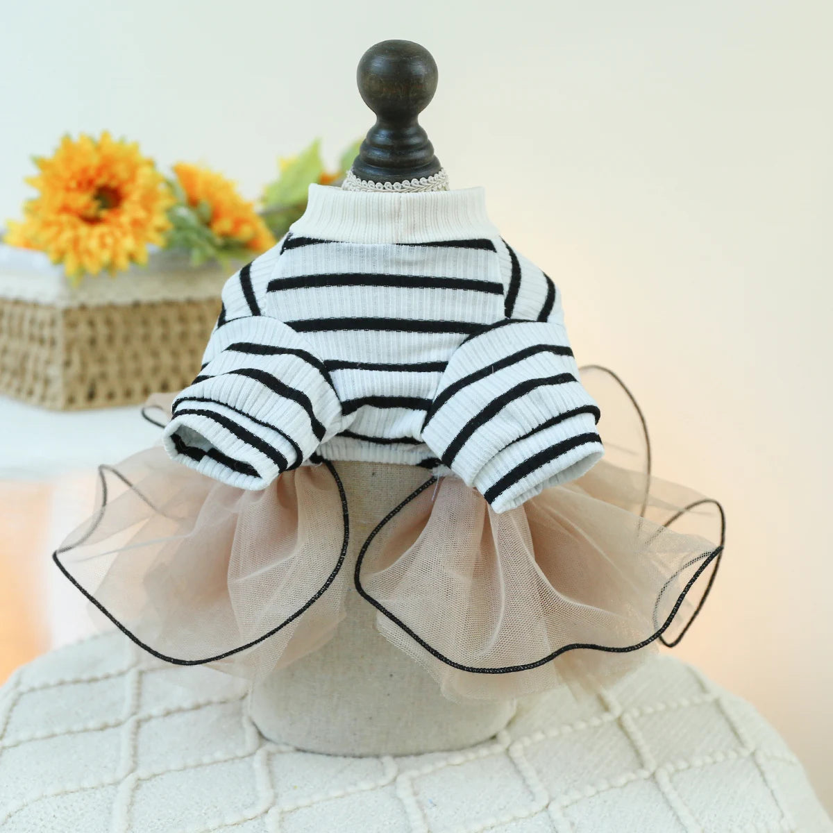 1PC Pet Suit Dog Spring and Autumn Black and White Striped  Bear Princess Dress With Drawstring Buckle For Small Medium Dogs